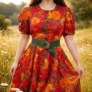 Vintage Red and Green Floral Maxi Dress, Bohemian, Cotaggecore Dress, Dirndl